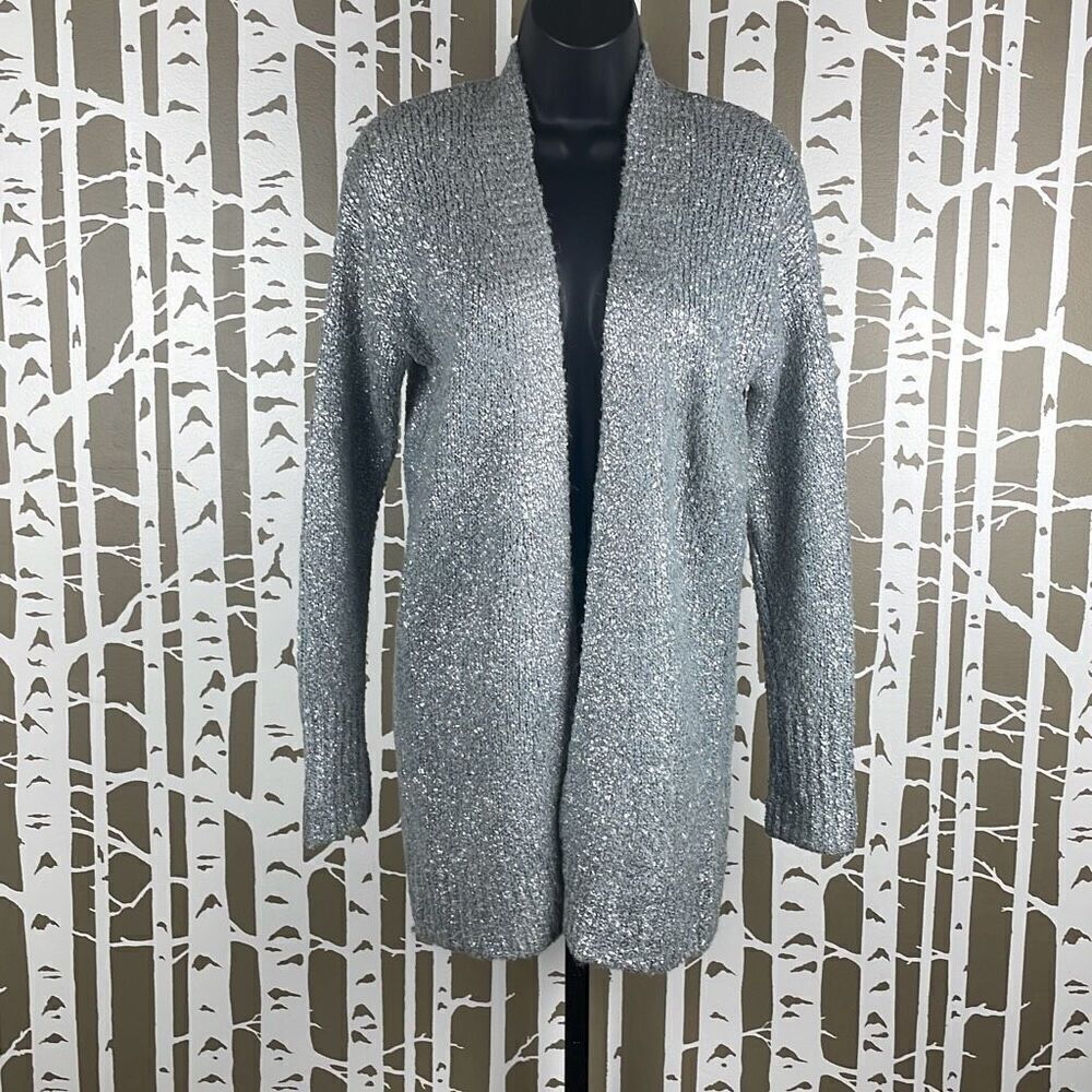Silver Metallic Painted Wool Blend Longline Open Front Cardigan Sweater S